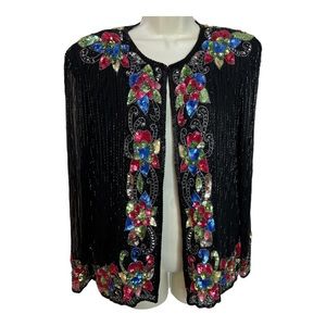Sweelo Vintage Women’s Silk Sequined Beaded Black Evening Jacket 80’s Bling
